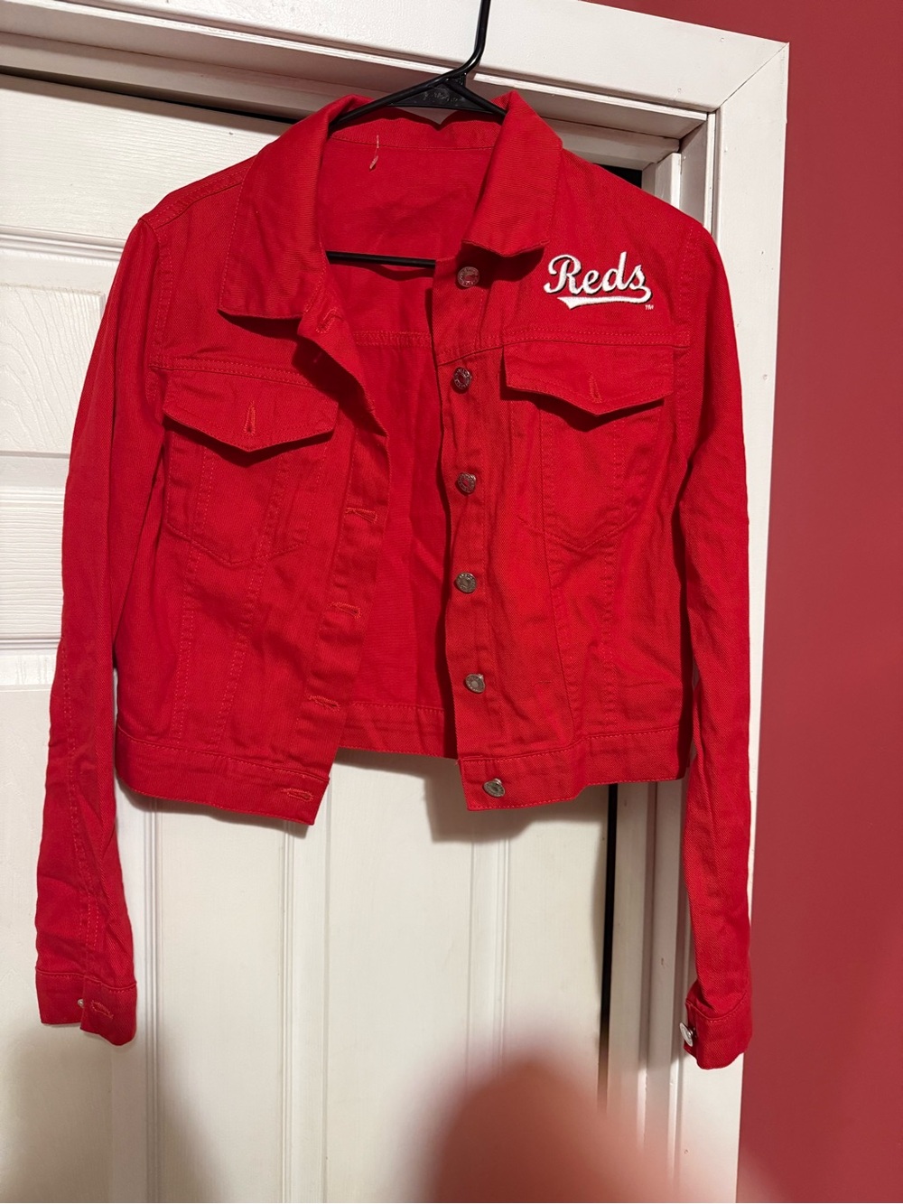 Red  Cincinnati Reds Embroidered Red Denim Jacket